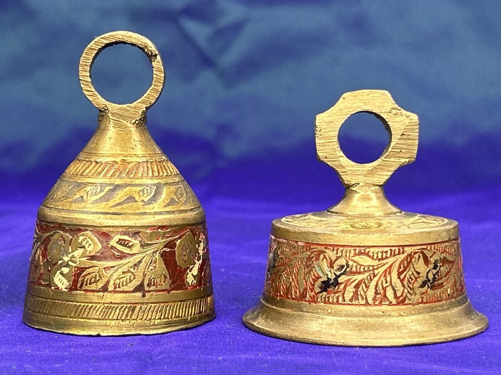 Vintage Lot of 2 Brass Bells - Ornate Etched Clover Leaf Design Gold & Red