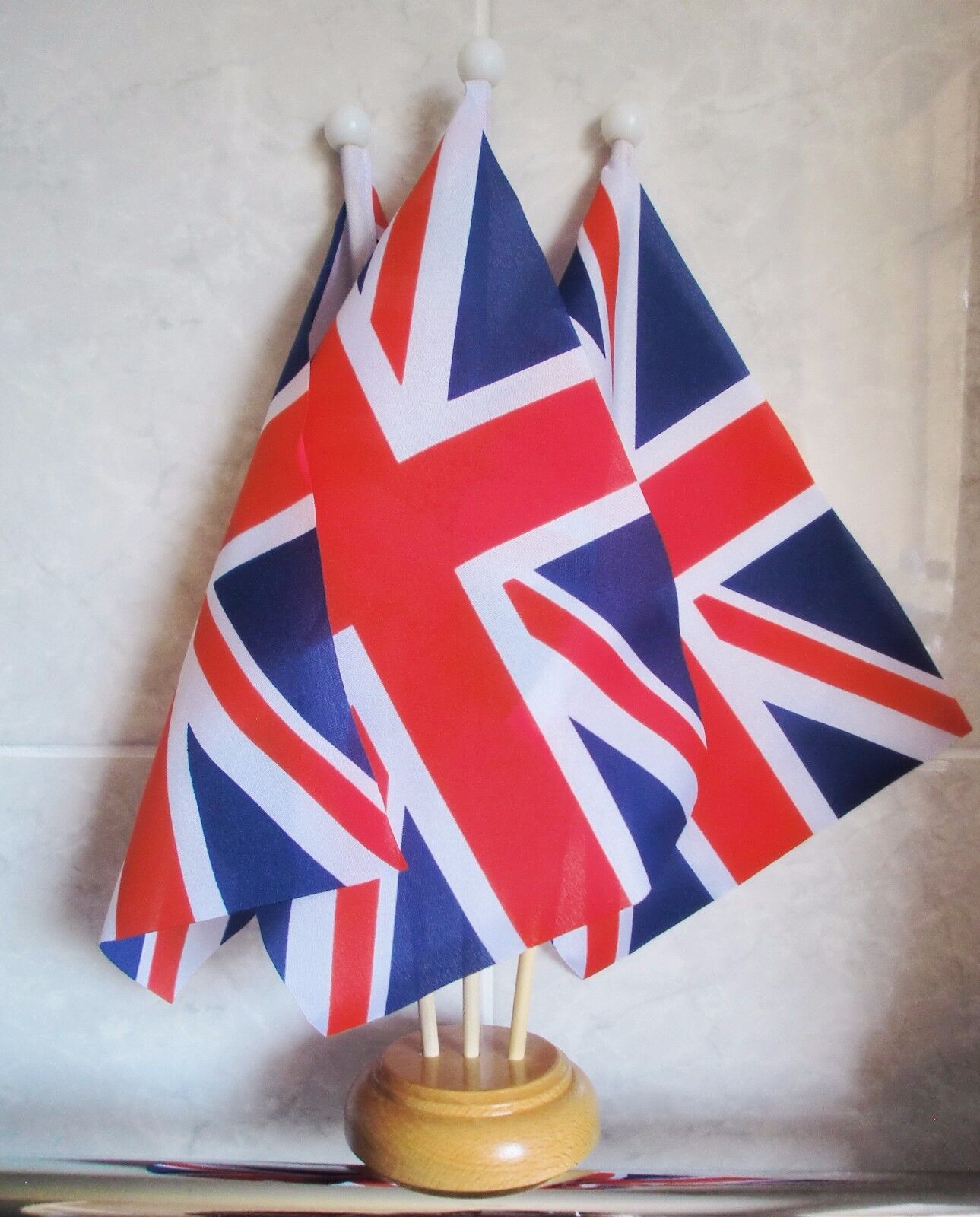 UNION JACK GREAT BRITAIN TABLE FLAG SET 3 flags with 3 hole wooden base 