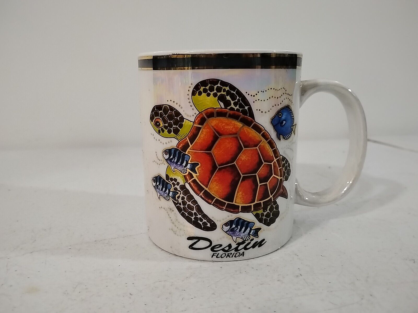 Destin, florida iridescent mug with sea turtle and fish