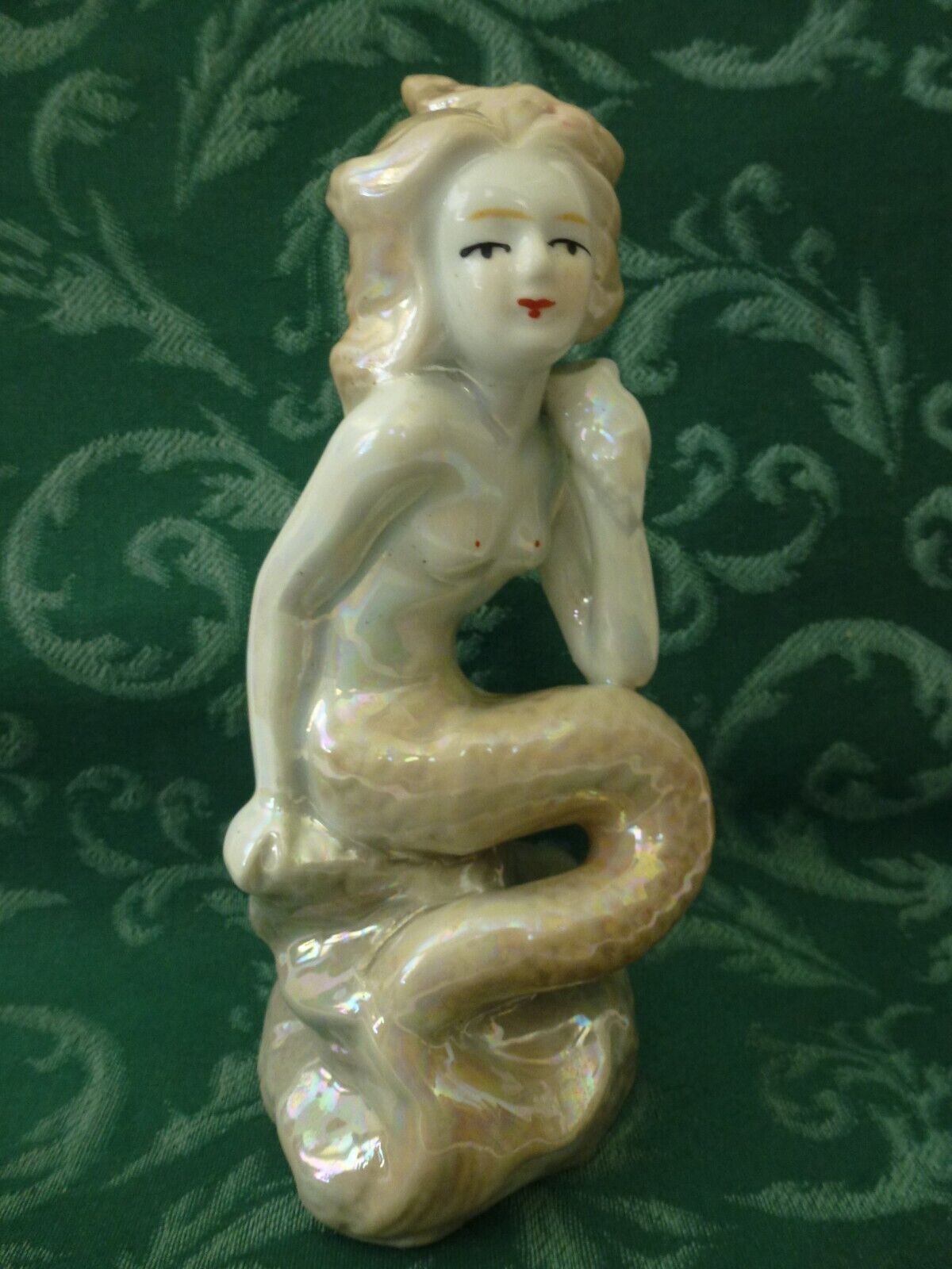 Vintage Lusterware Mermaid Ceramic Figurine Iridescent China 1940's On a Rock
