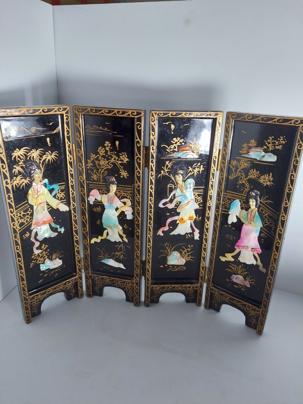 Vintage Japanese Chinese Geisha Black Lacquered Tabletop Panels 14”
