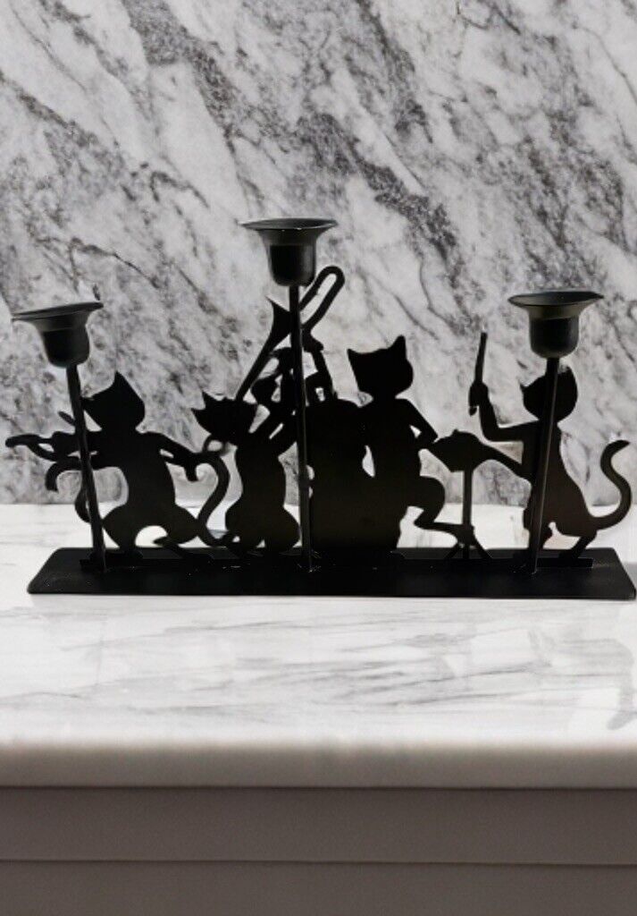 Vintage* Penco Black Metal Cat Orchestra 3-Candle Candleholder
