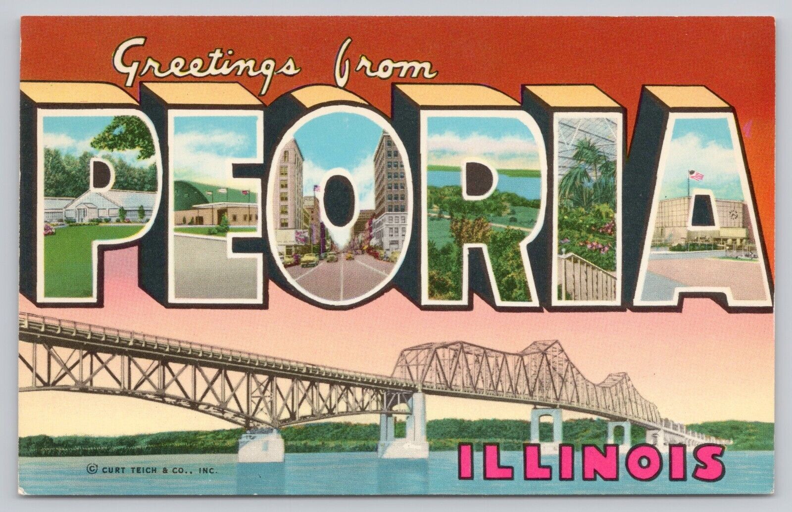 Peoria Illinois, Large Letter Greetings, Bridge, Vintage Postcard