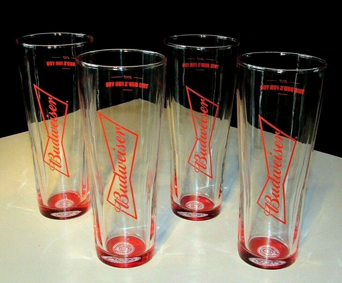 NEW (4) Budweiser Tall This Buds for You 16 oz Beer Glasses Pint  bar tap glass