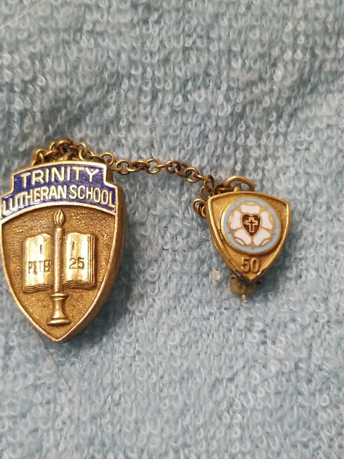 Vintage 1950 Trinity Lutheran School Pin. Gold Filled W/ Enamel  Chain Guard