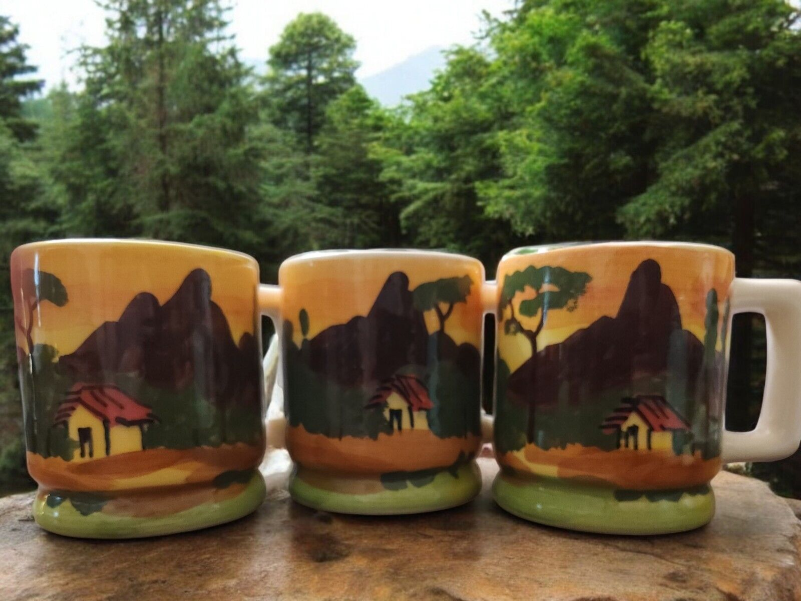Coffee Tea Mugs Hand Painted Hut Village Trees Mountains Folk Art Cottagecore x3