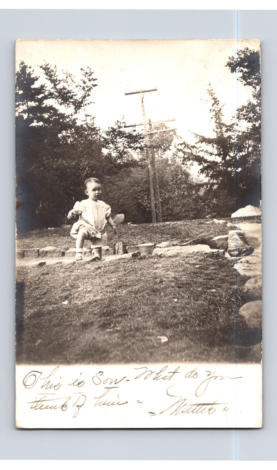 1908 RPPC Young Child Playing in Yard From Mattie to HG Sanry Hague NY Postcard