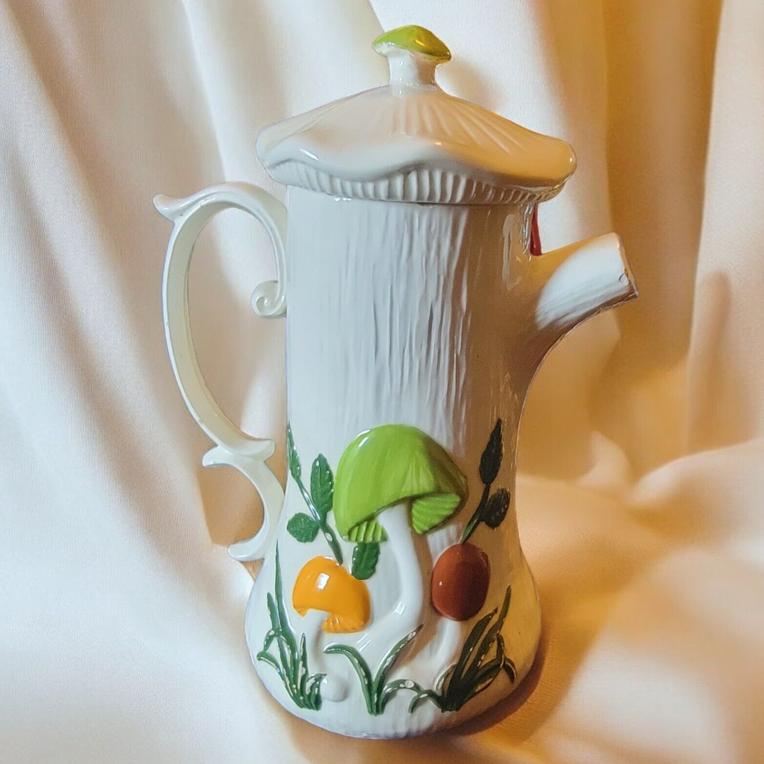 Vintage Arnel's Tall Mushroom Ceramic Teapot Green Orange Brown with Lid