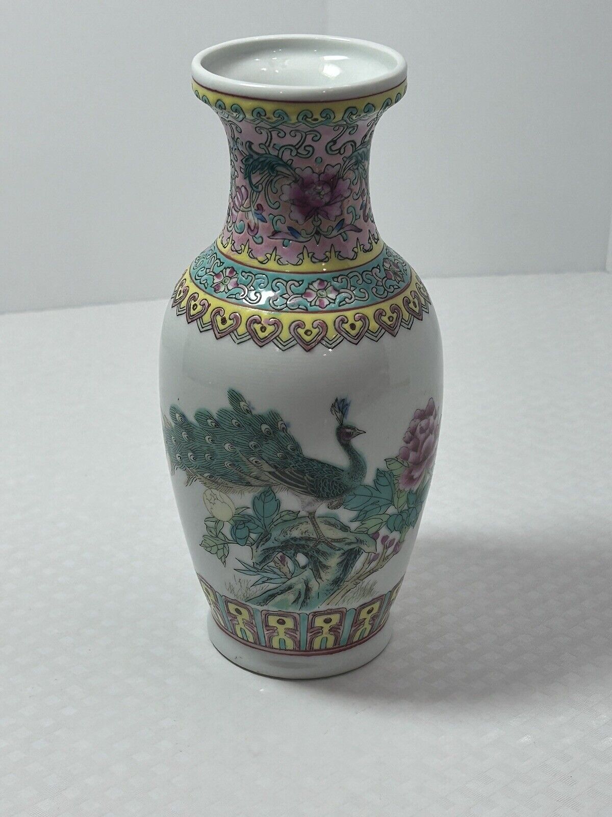 Vintage Chinese 20th C. Famille Rose Porcelain Peacock & Floral  Poem Vase  8\