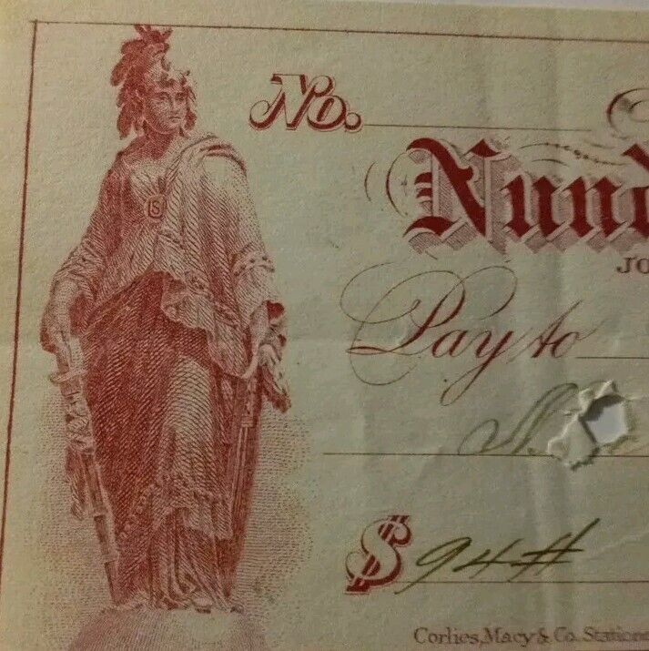Vintage $94 Nunda Banking House (Nunda, NY) 1870 Check With Stamp