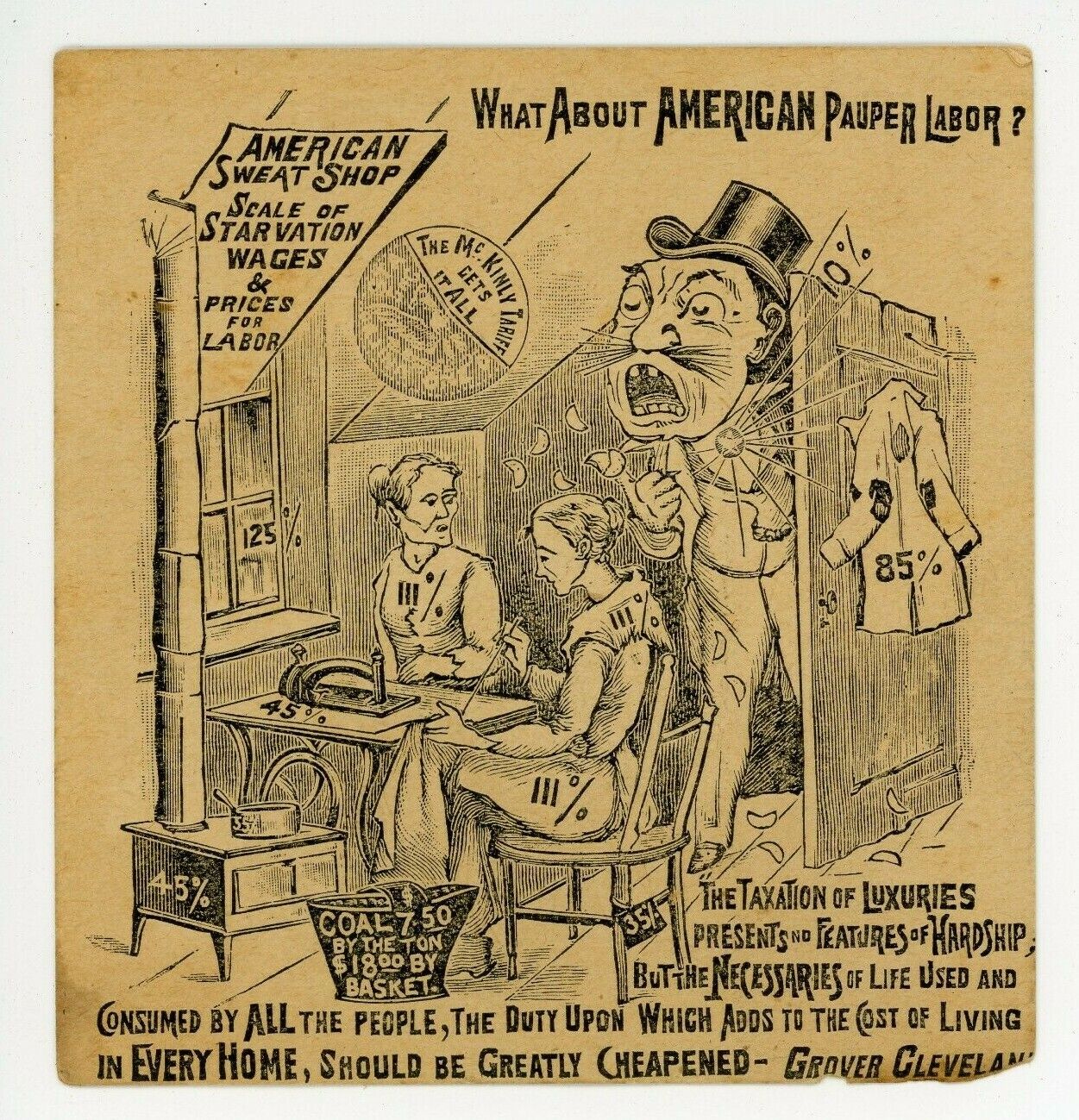Great Early American Pauper Labor Taxation Political Cartoon McKinley Tariff