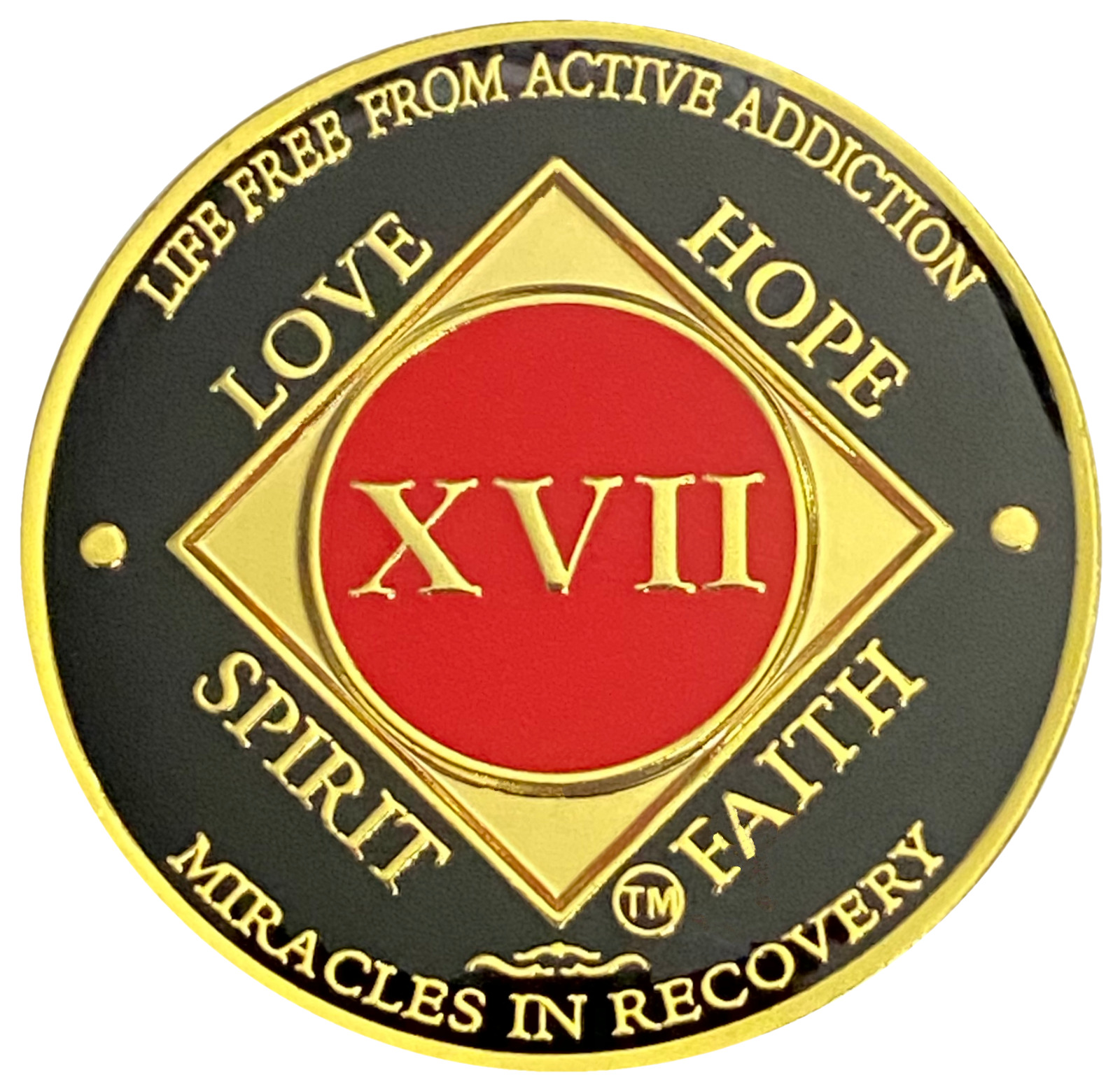 NA 17 Year Red, Gold Color Plated Coin, Narcotics Anonymous Medallion