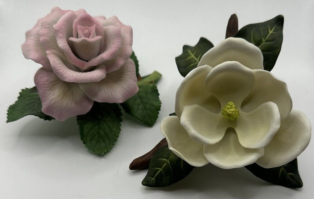 Vintage 1990 Lenox Tea Rose and Magnolia Fine Porcelain Flower Figurine Lot