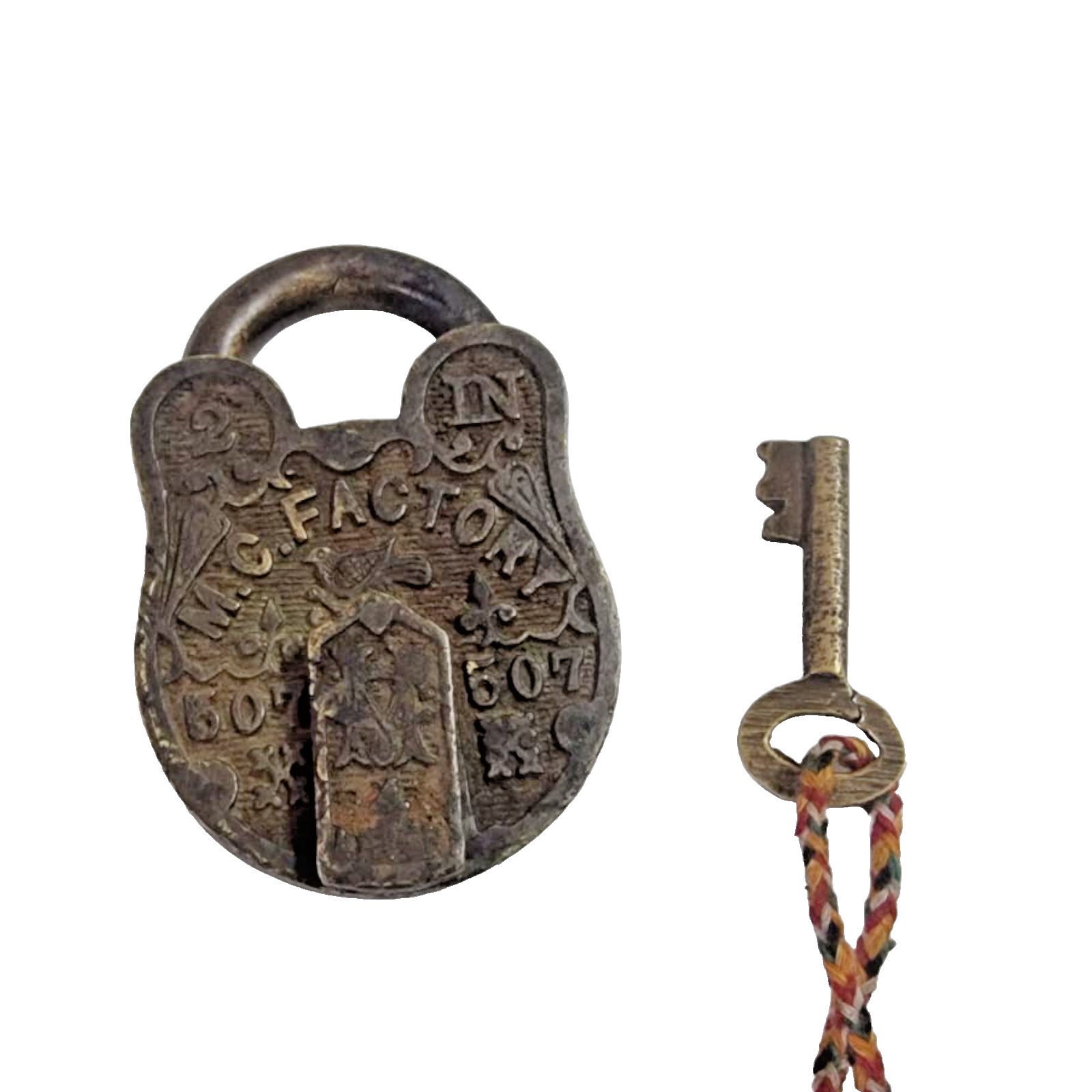 Vintage Old Antique Brass Hand Made Fine Word Embossed Pad Lock With Iron Key