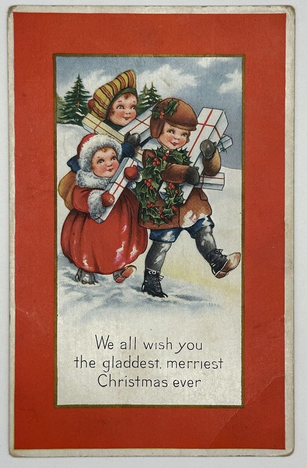1907-1915 Children in Snow W/ Presents Christmas Postcard Whitney