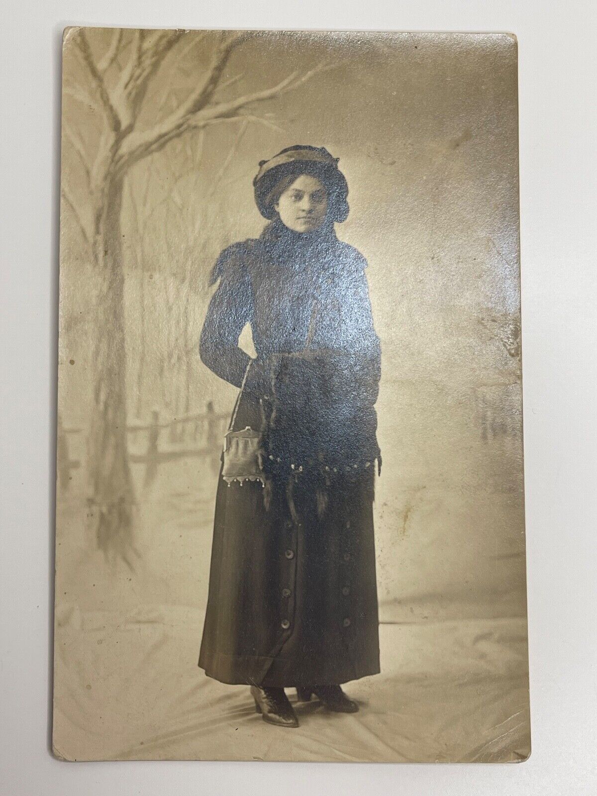 Woman Holding Mesh Purse Mink Coat Antique RPPC Real Photo Postcard