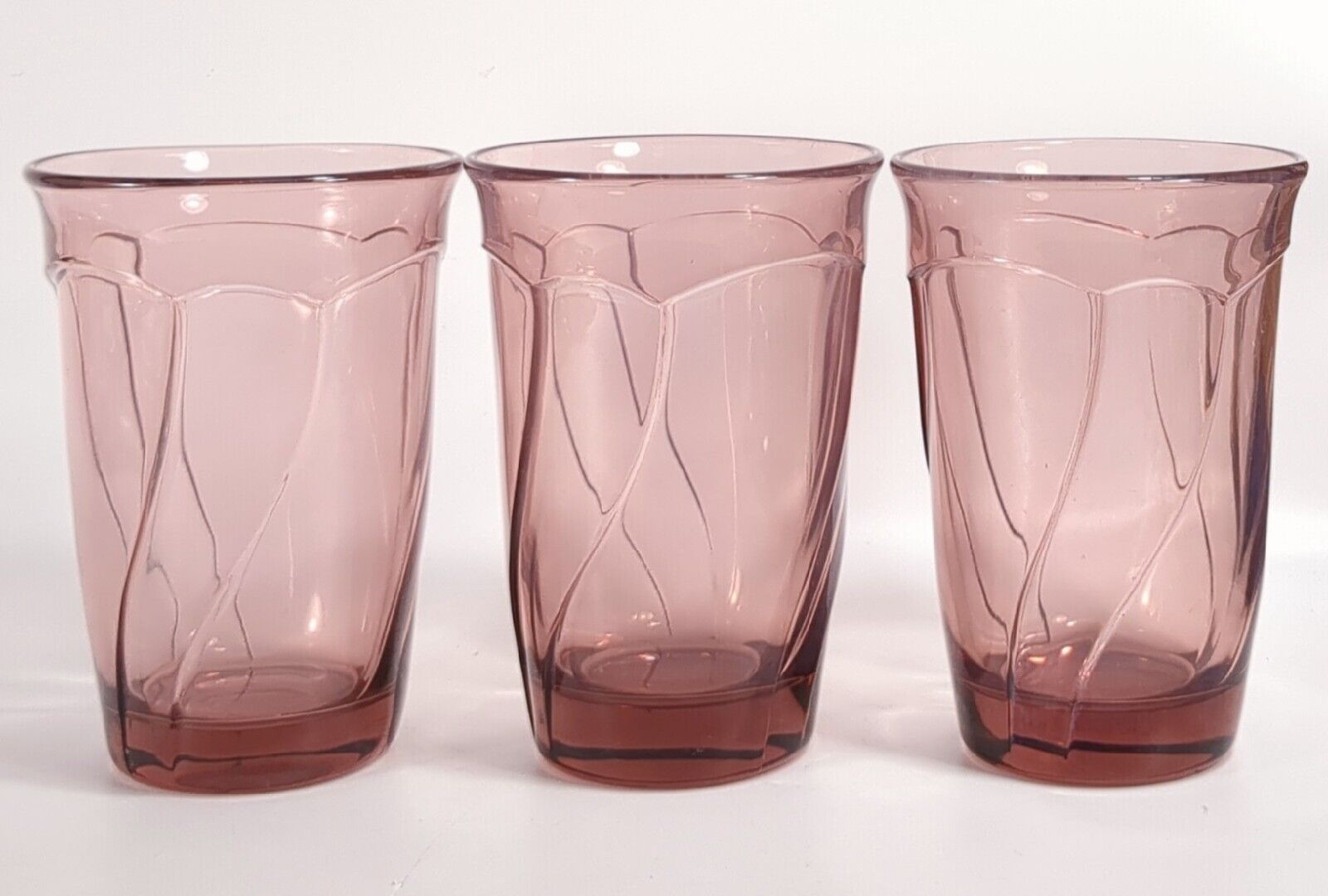 Cranberry Pink Depression 5” Drinking Glass Tumblers Set of 3 Swirl Pattern VTG