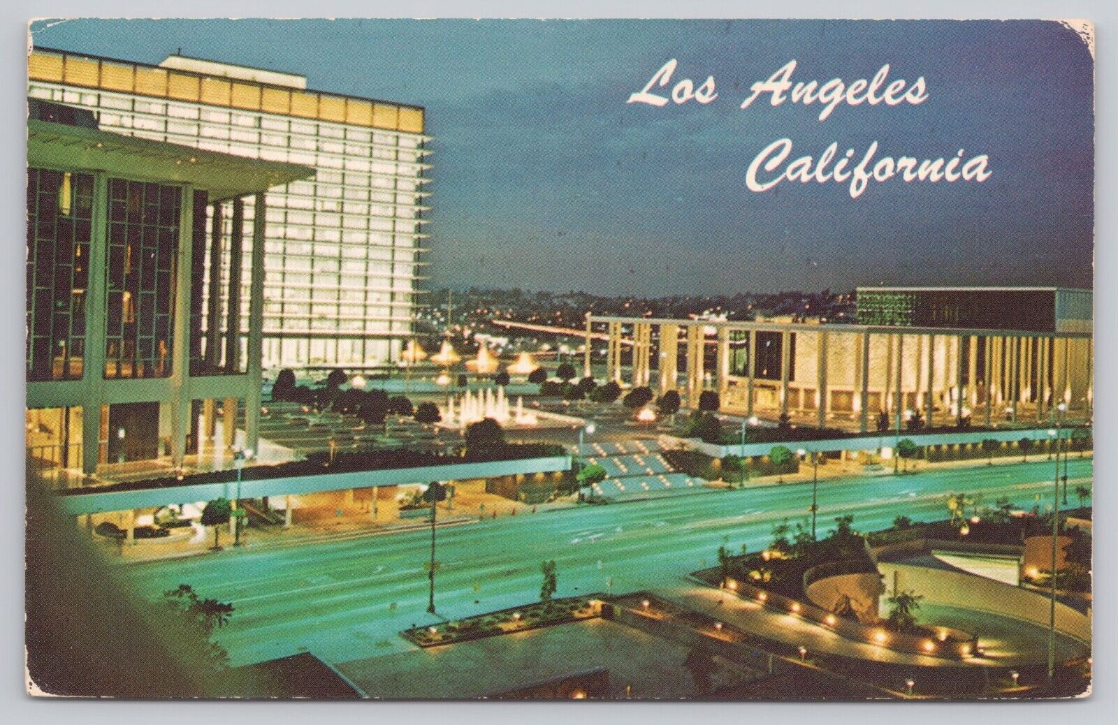 Los Angeles California, Civic Center Mall Night Lights, Vintage Postcard