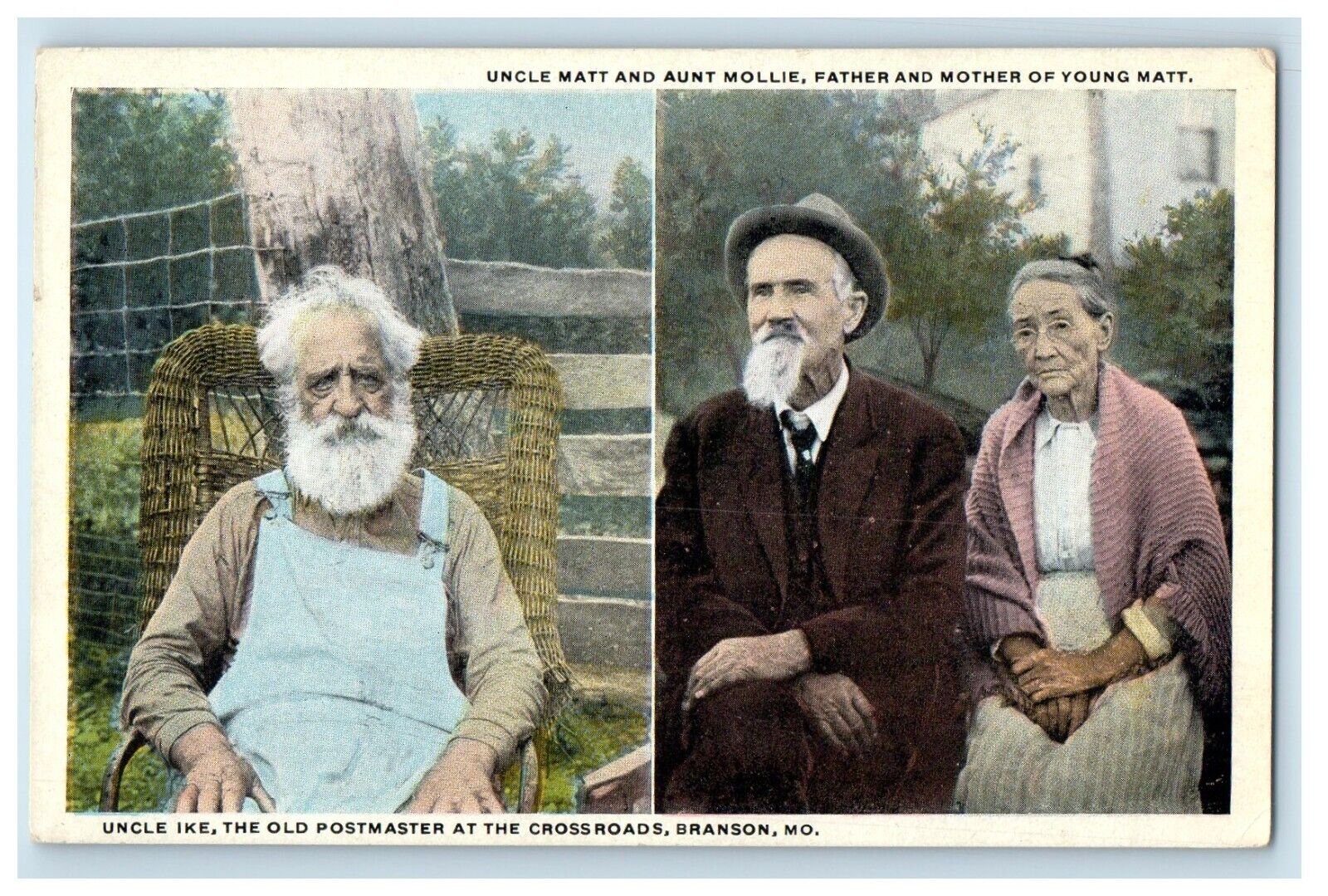 c1930's Uncle Matt And Aunt Mollie, Uncle Ike Old Postmaster Branson MO Postcard