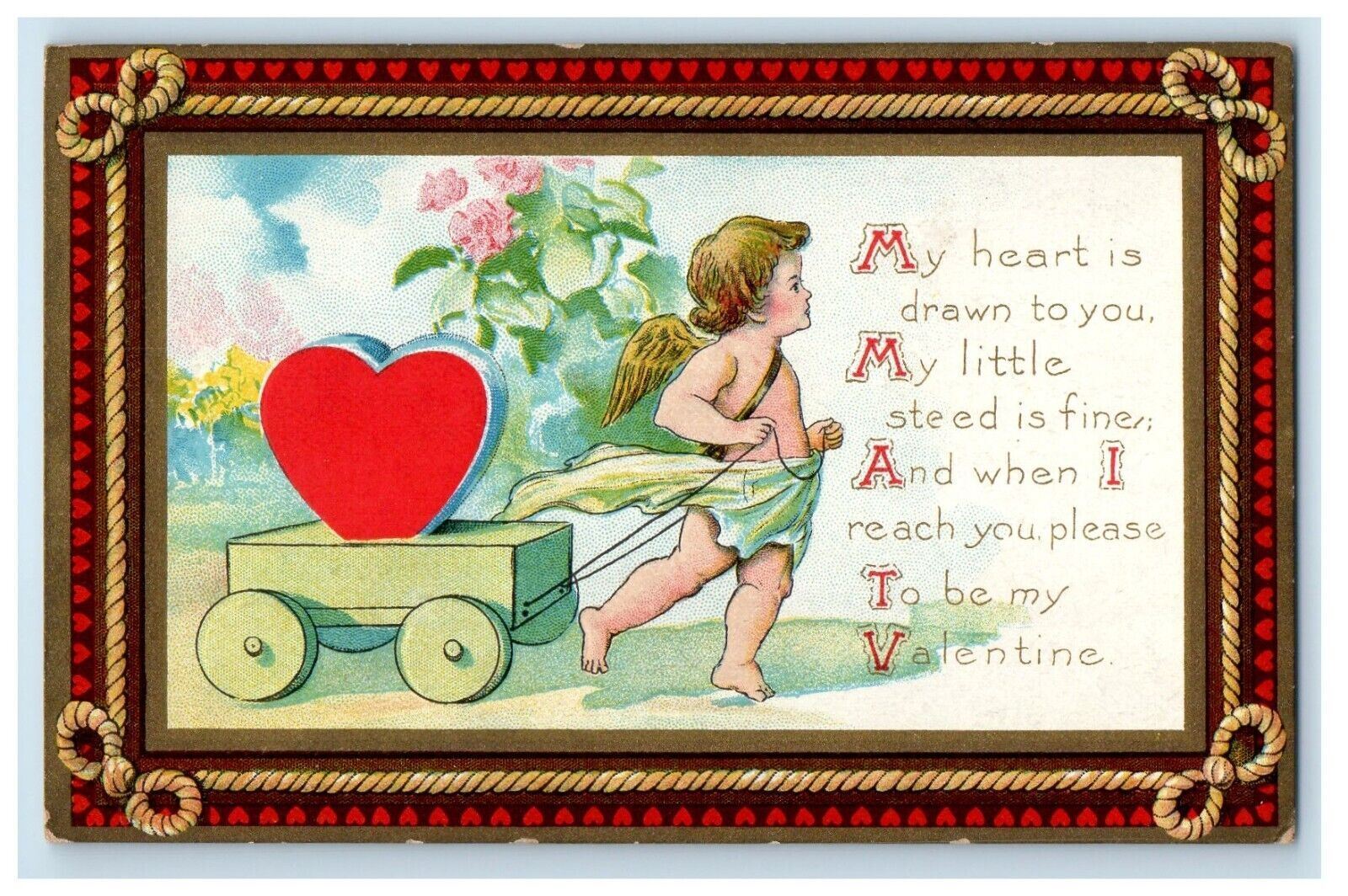 c1910's Valentine Cupid Angel Pulling Cart Big Heart Flowers Embossed Postcard