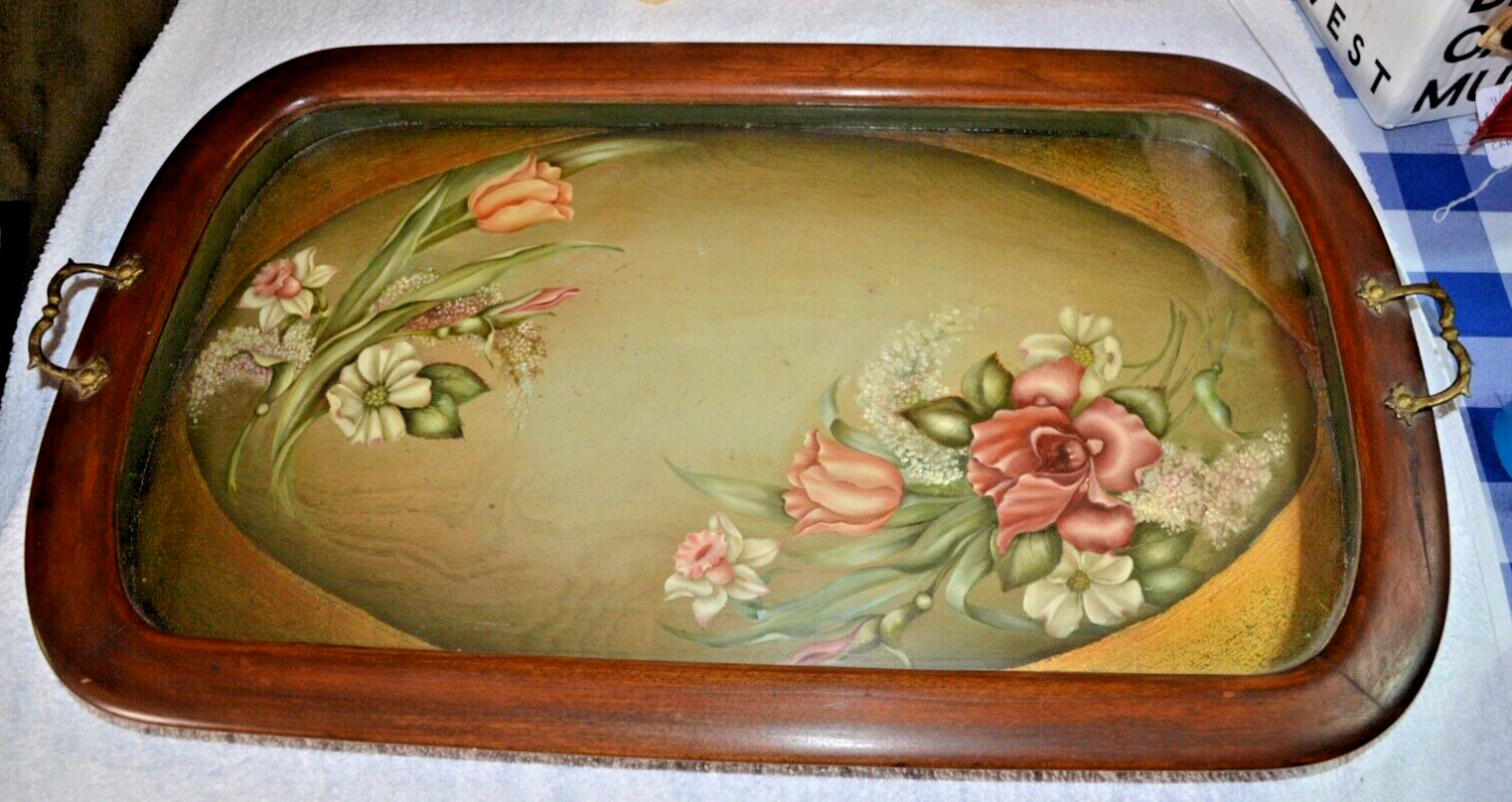 Stunning Antique French Hand Painted Flowers under Glass Wooden Wood Tray 25\