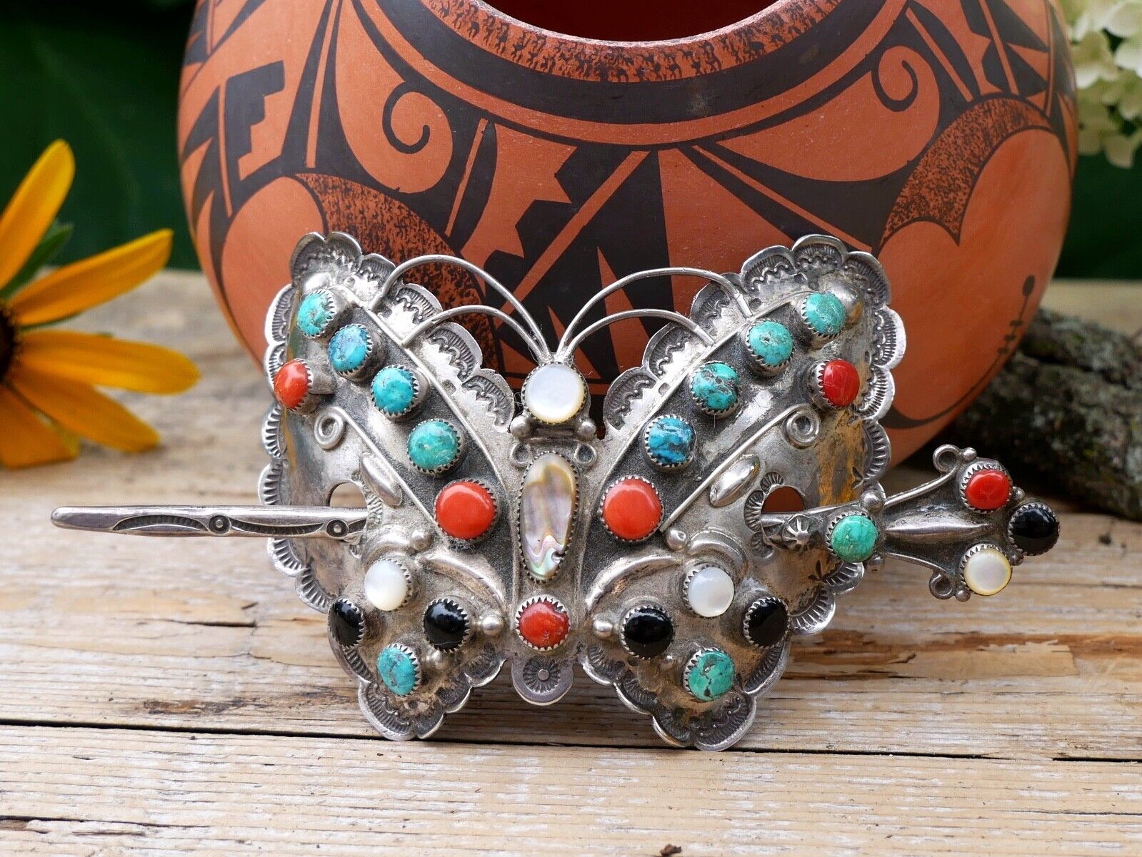 Butterfly Hair Barrette Old Pawn Navajo Stamped Silver Handmade Native American