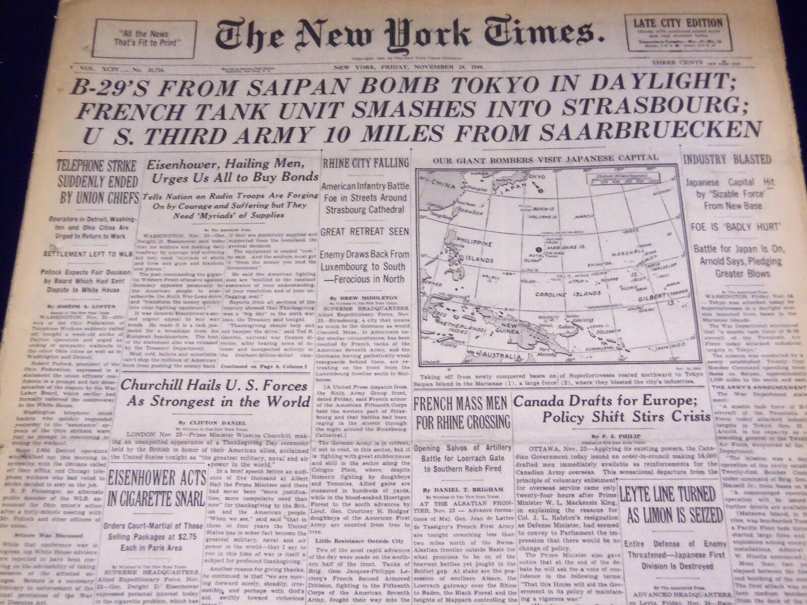 1944 NOV 24 NEW YORK TIMES U. S. THIRD ARMY 10 MILES FROM SAARBRUECKEN - NT 1794