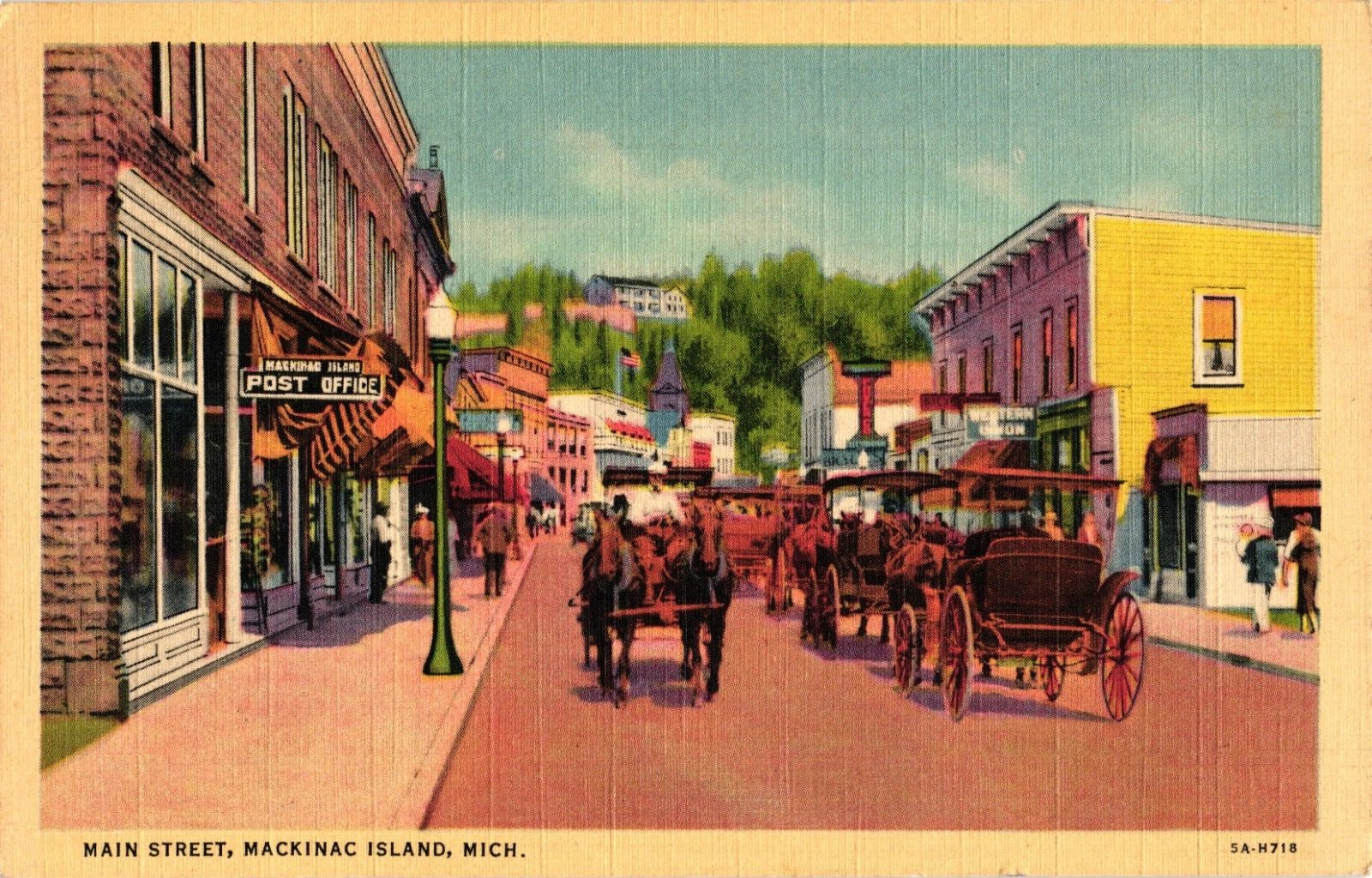MICHIGAN Mackinac Island Horse Buggy Main Street c1944 MI Vintage Postcard