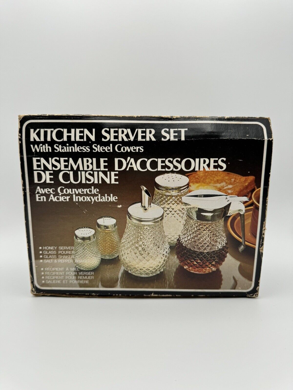 Vintage KITCHEN SERVER SET 3 Piece Diamond Glass with Stainless Steel Covers