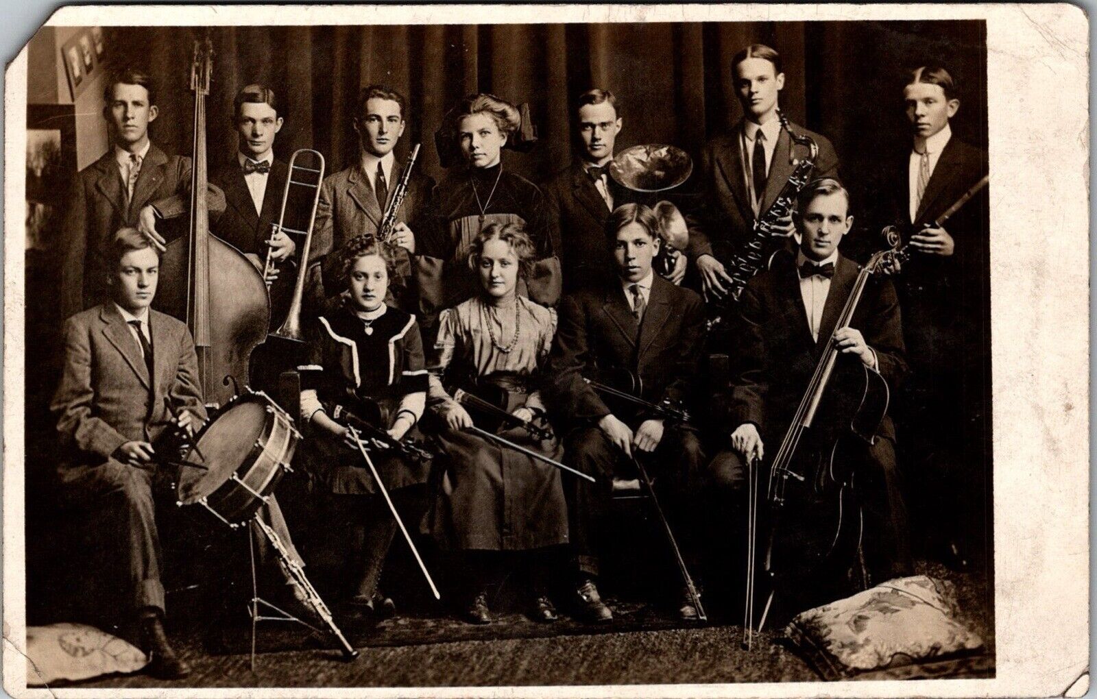 Vintage 1910s Music RPPC Postcard Jazz Band Orchestra Musicians Instruments JA7