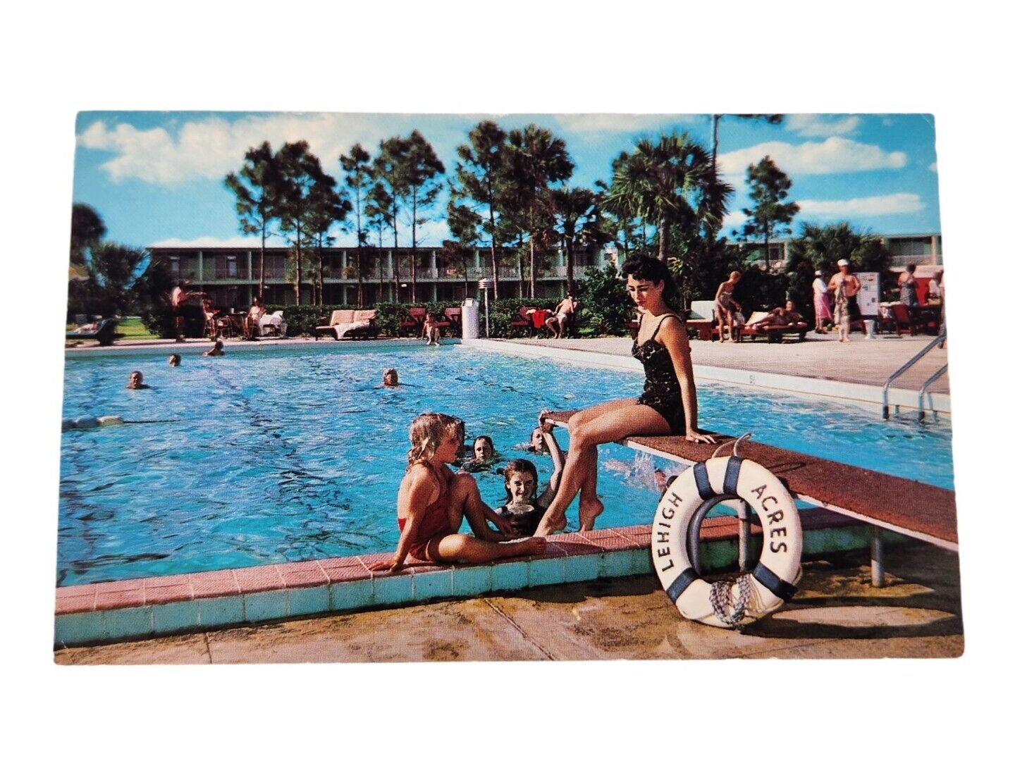 Postcard LEHIGH ACRES Hotel Florida FL Swimming Pool View Action Chrome Vintage