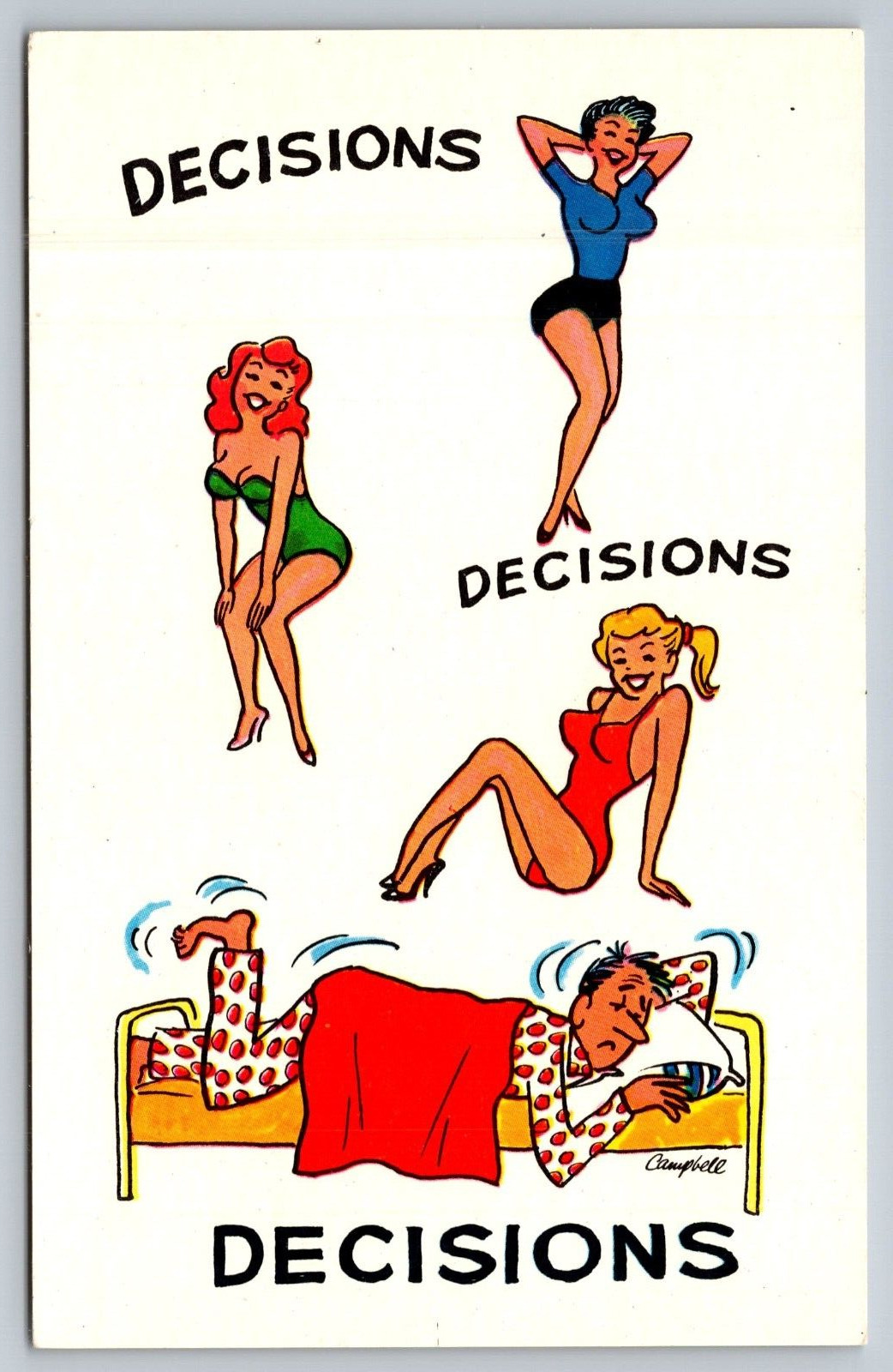 Vintage Postcard Decisions Man Dreaming Of His Sexy Beautiful Girls Comics Art