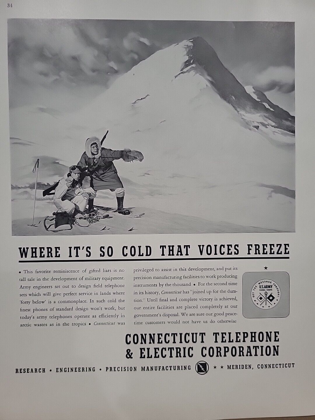 1942 Connecticut Telephone & Electric Fortune WW2 Print Ad Q4 Arctic Snow Freeze