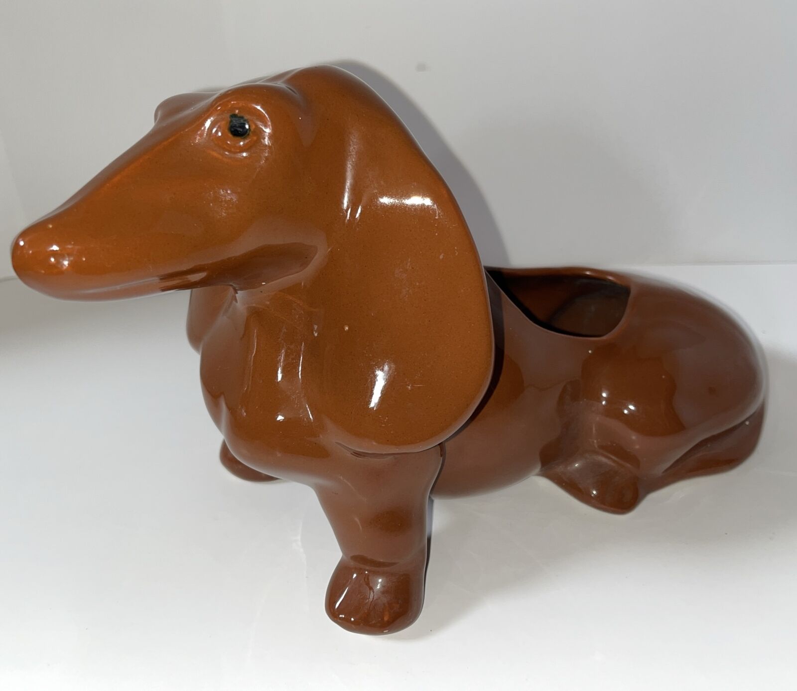 Vintage Daschund Dog Planter Ceramic 11” Art Deco Brown Glazed Dish