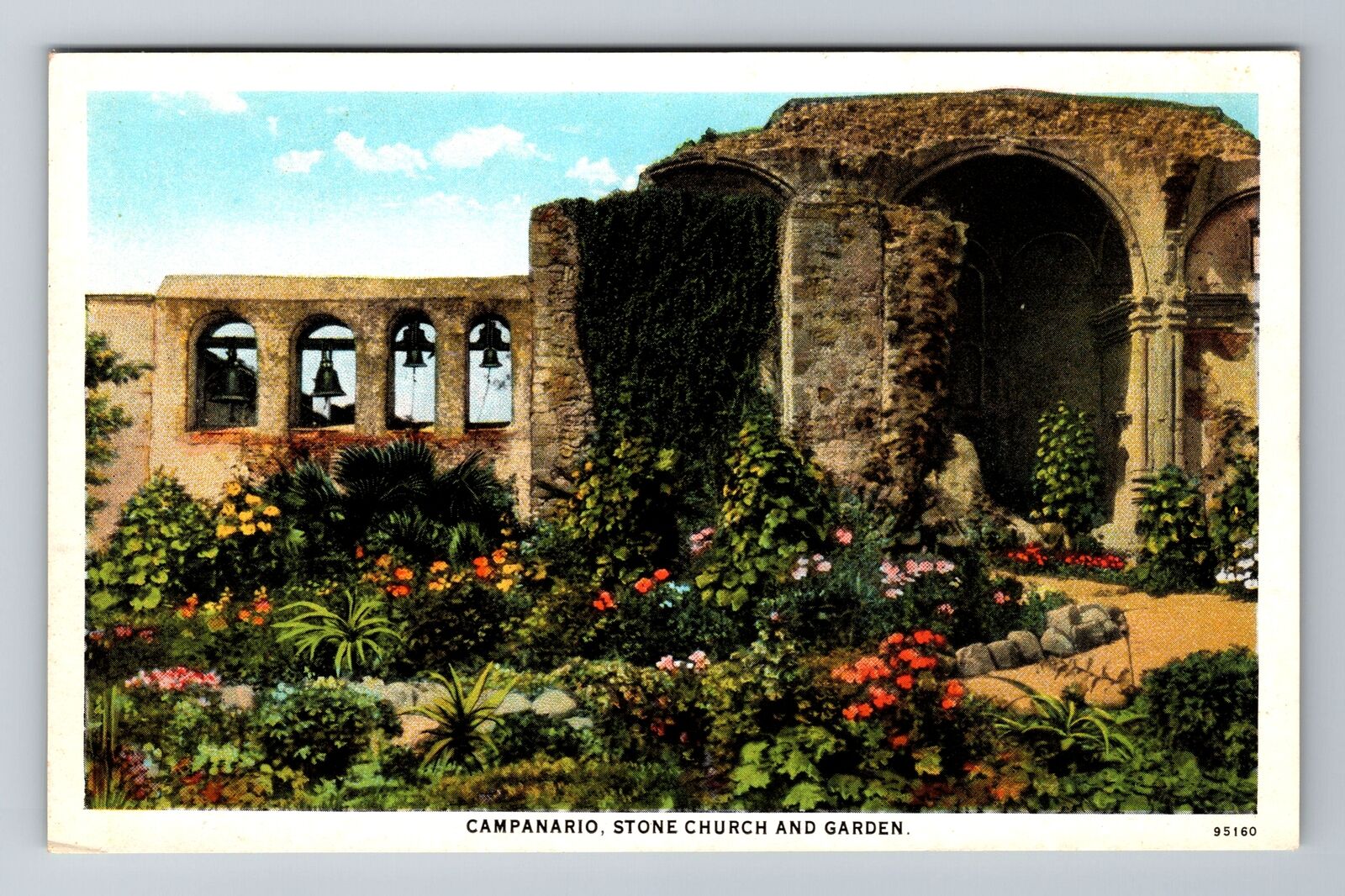 CA-California, Campanario, Stone Church And Garden, Antique, Vintage Postcard