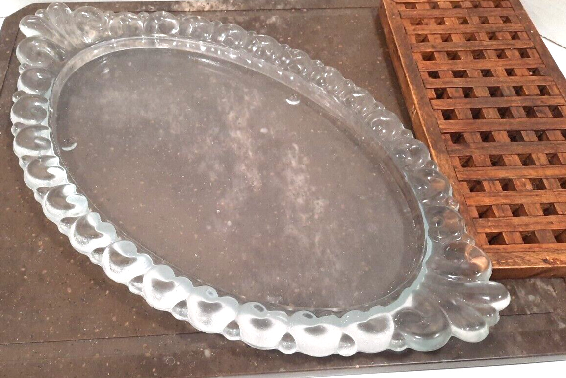 Vintage Large Medallion Pressed Glass Clear Oval Handled Vanity Tray