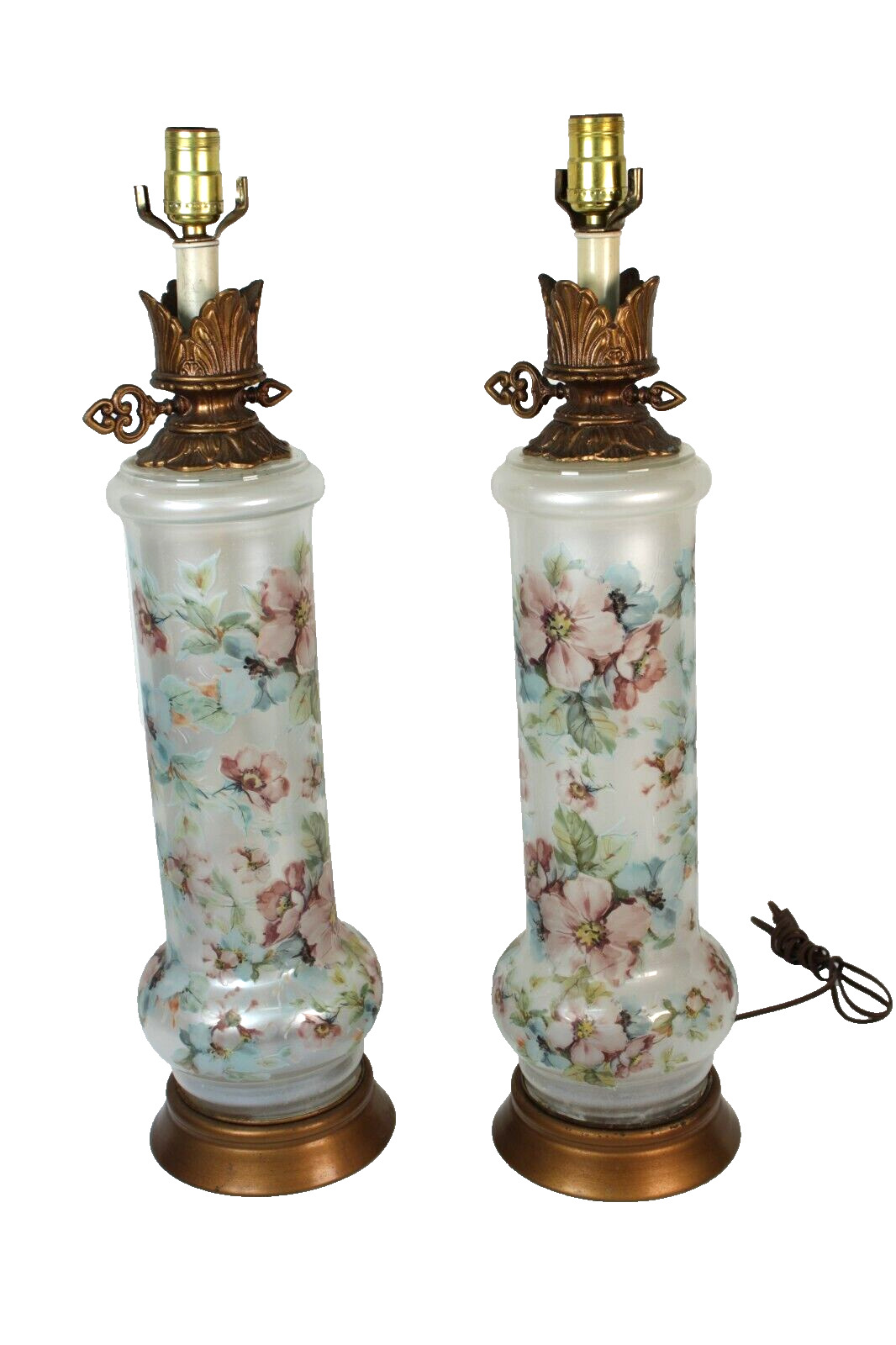 Vintage Pair Of Glass Floral Flowers Transfer Painted Print Table Lamps Tall