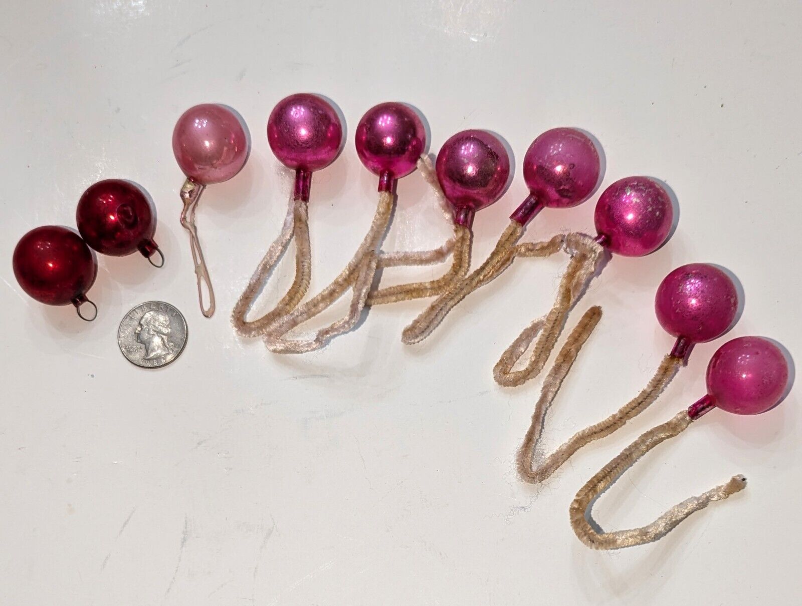 Vintage 1950s Christmas Mercury Glass Ornaments Balls Pink Red Fuschia Chenille