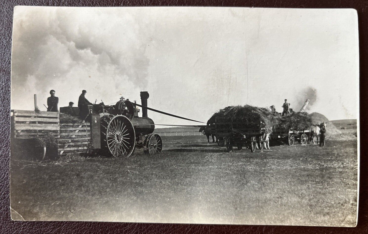 Real Photo Post Card RPPC Farmers w/ Steam Engine Tractor & Threshing; OOAK