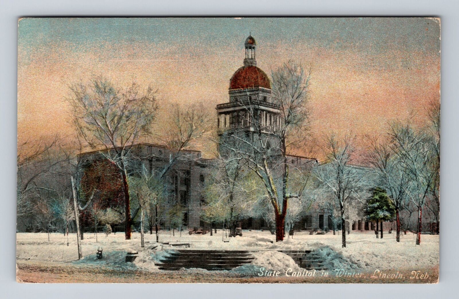 Lincoln NE-Nebraska, State Capitol In Winter, Antique Vintage Postcard