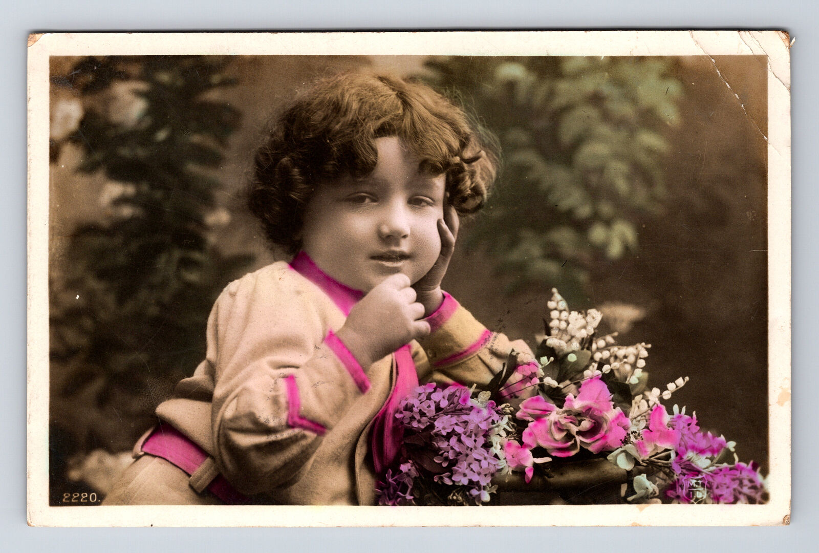 c1910 RPPC French Hand Colored Portrait Young Flower Girl Curly Hair Postcard