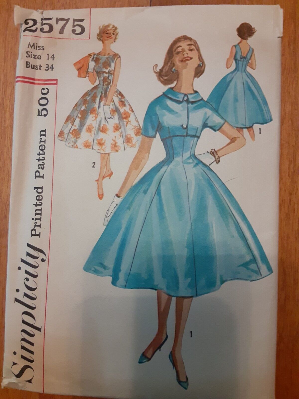 1958 Simplicity #2575 Miss 14 Bust 34 Empire Waist Dress,Back V Neckline,Jacket