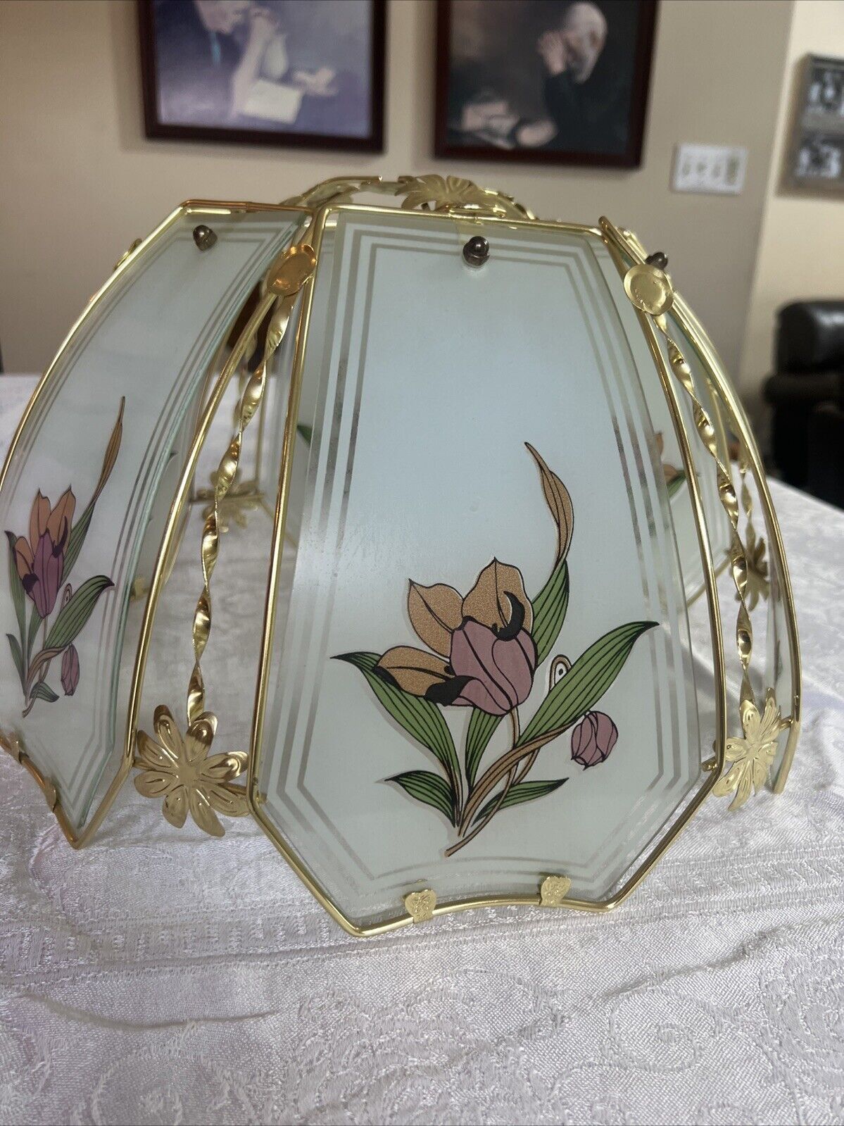 Vintage 6 Panel Frosted Glass Gold Twisted Floral Touch Globe Shade Only 15 X 9”