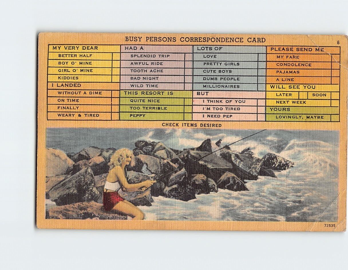 Postcard Busy Persons Correspondence Card with Lady Fishing Breakers Picture