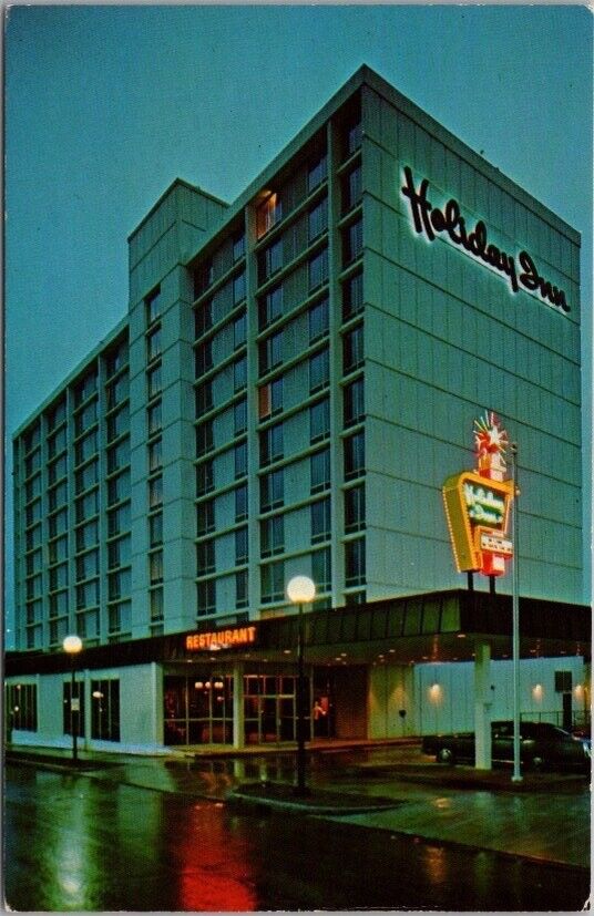 PORTLAND, Maine Postcard HOLIDAY INN HOTEL DOWNTOWN Street View at Night c1960s