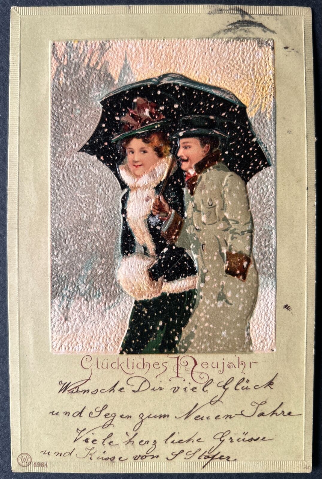 1902, Happy New Year, German, Couple Walking in the Snow, Undivided Back