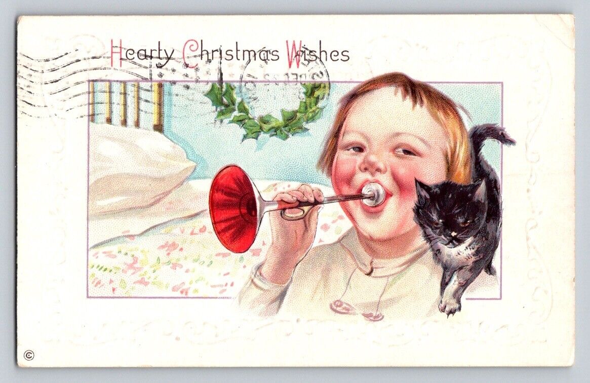 c1915 Child Kitten Hearty Wishes Christmas P690