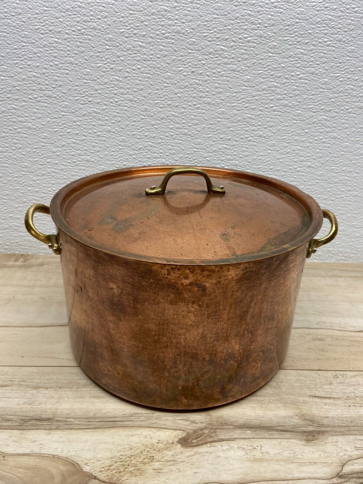 Vtg  Solid Copper Pot With Lid And Brass Handles 3.5Lit