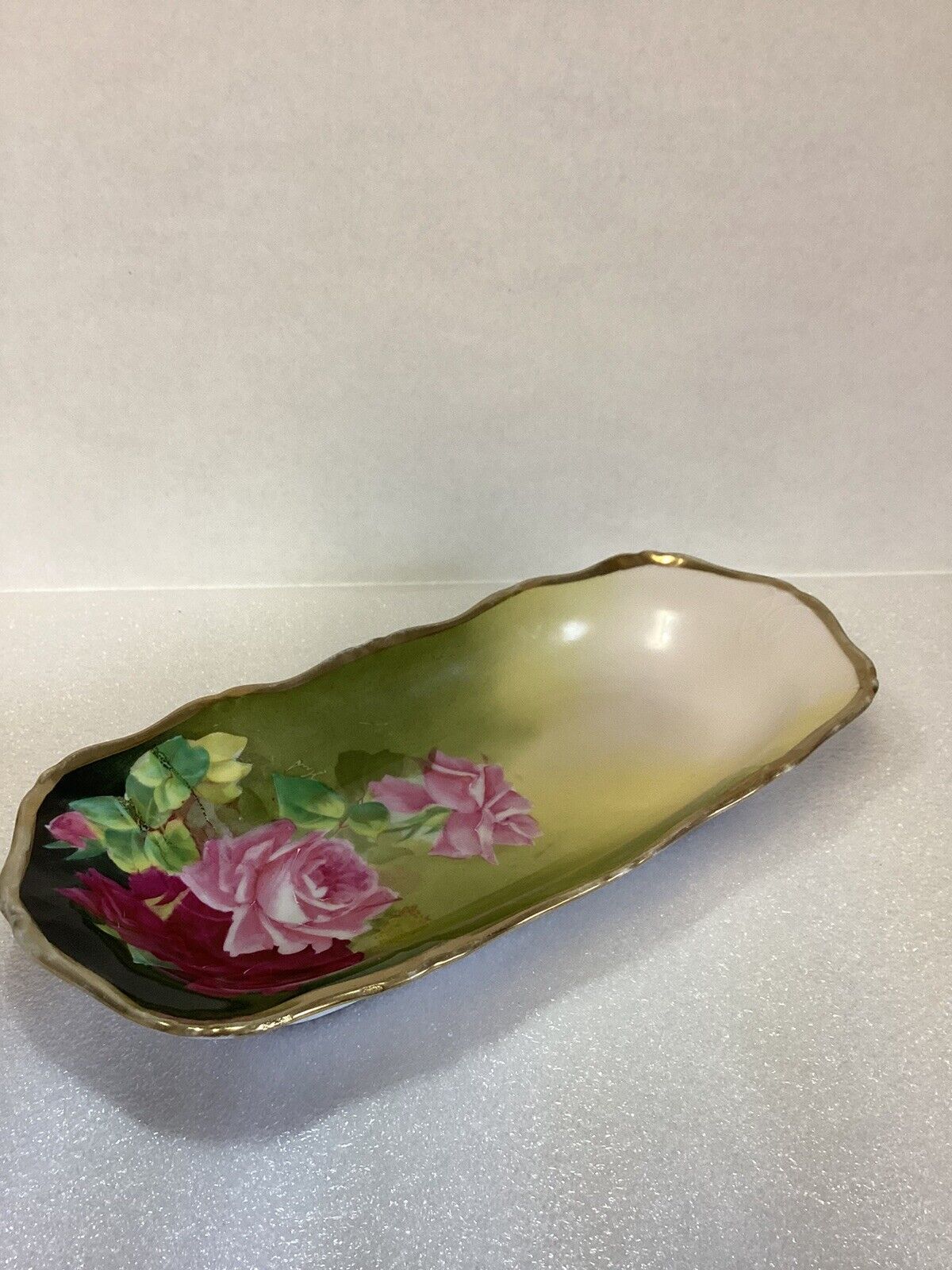 Antique Prussia Celery Dish Oval Hand Painted Roses And Gold Trimmed 9”
