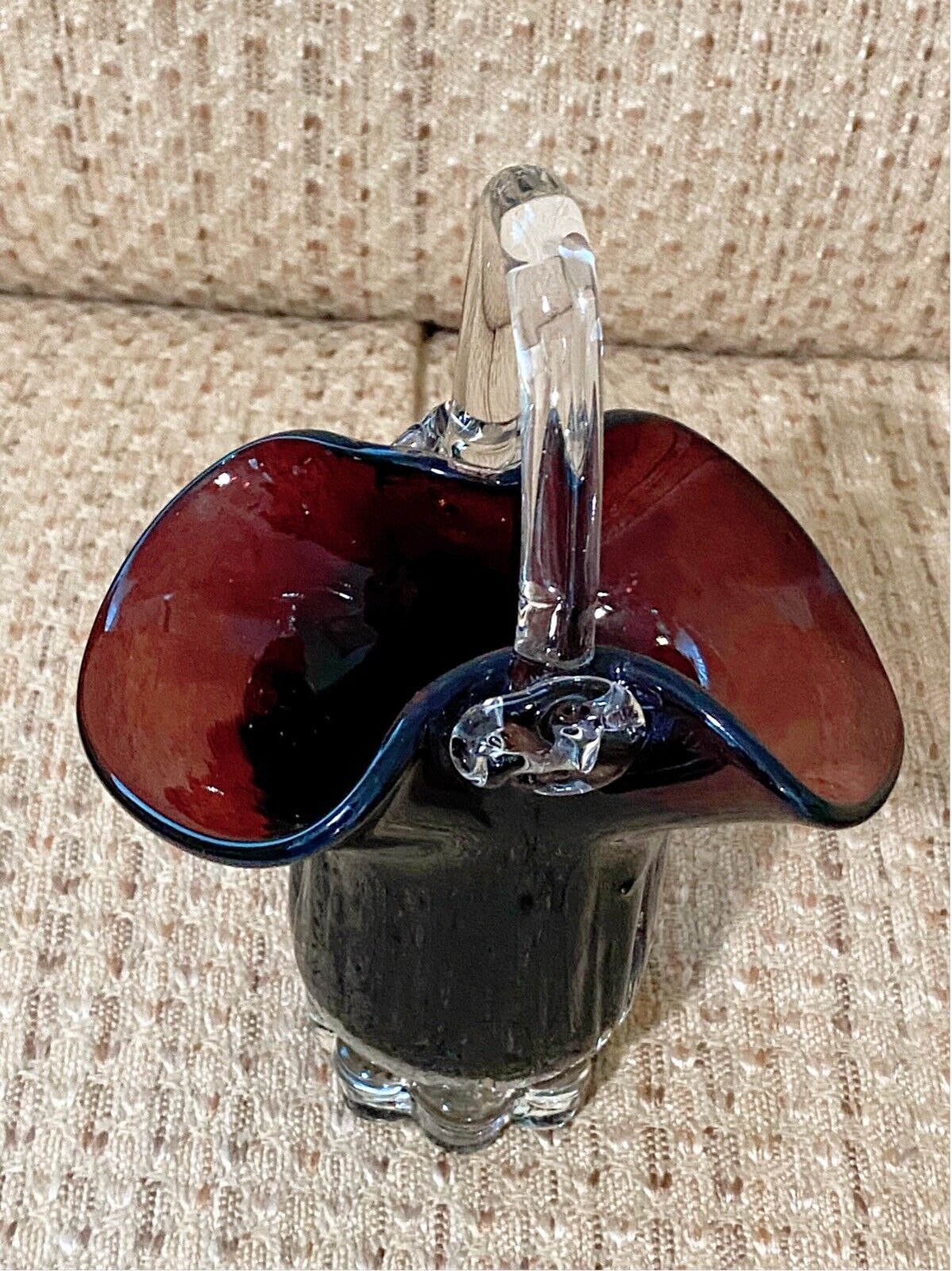 Vtg Amethyst Art Glass Deep Purple Basket Fluted Ruffle Design Vase W/crystal Ha